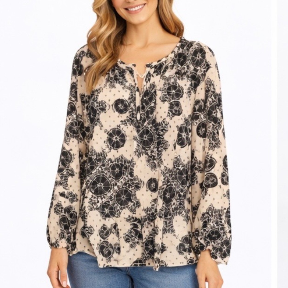 Wonderly Size Large Floral Black and‎ Cream Women's Top
